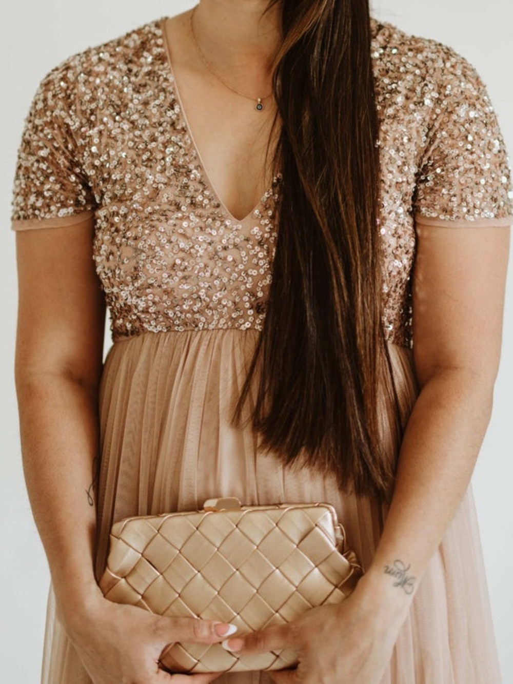 Maya Deluxe Sequin Tulle Maxi Dress Blush Pink Formal Gown US 20